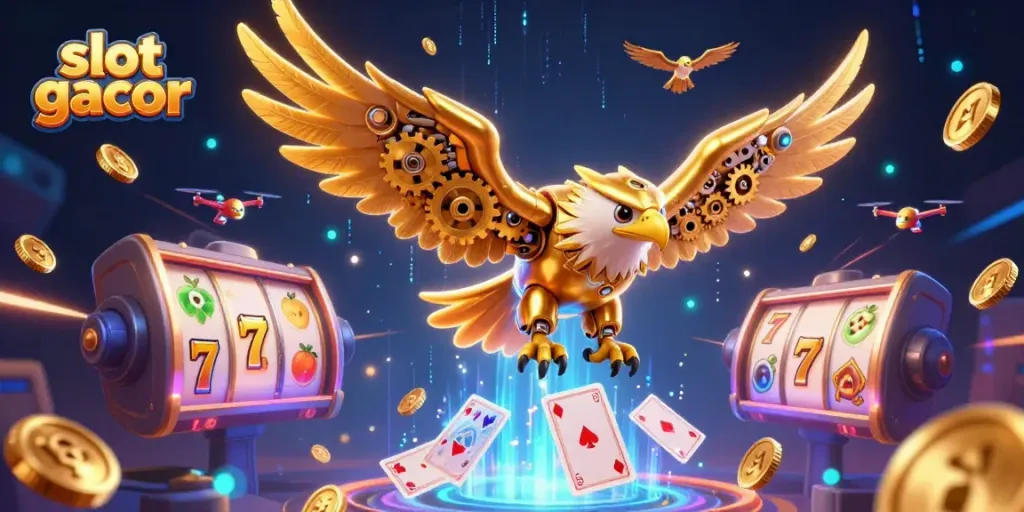 Melihat slot gacor, elang emas cybernetic terbang bersama kartu bermain holografik dan elemen slot.