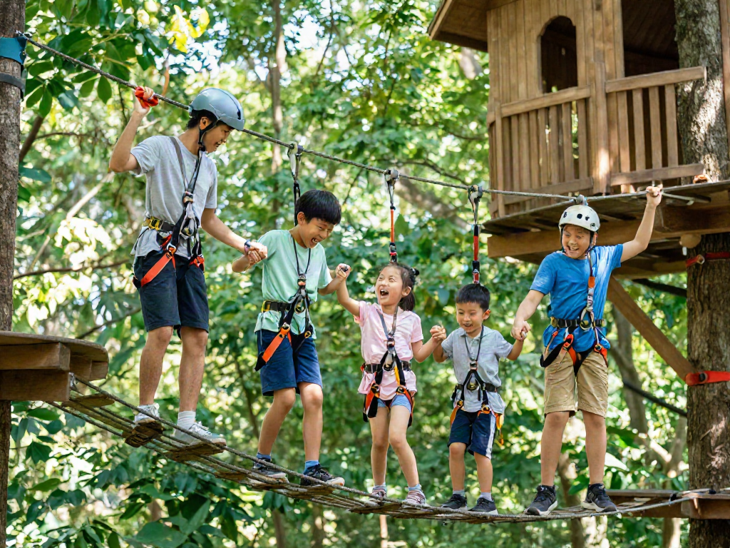 Family crossing a rope bridge, enjoying an adventurous outdoor experience.