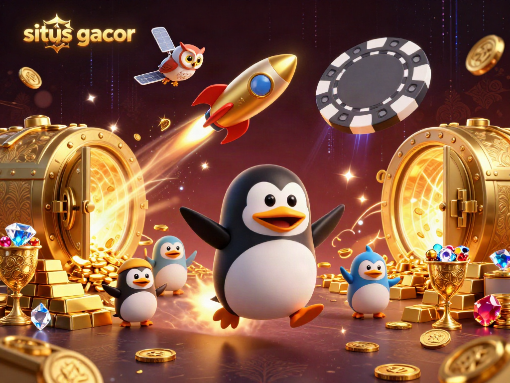 Experience thrills and winnings at situs gacor with our vibrant casino-themed illustration showing dynamic characters and treasures.
