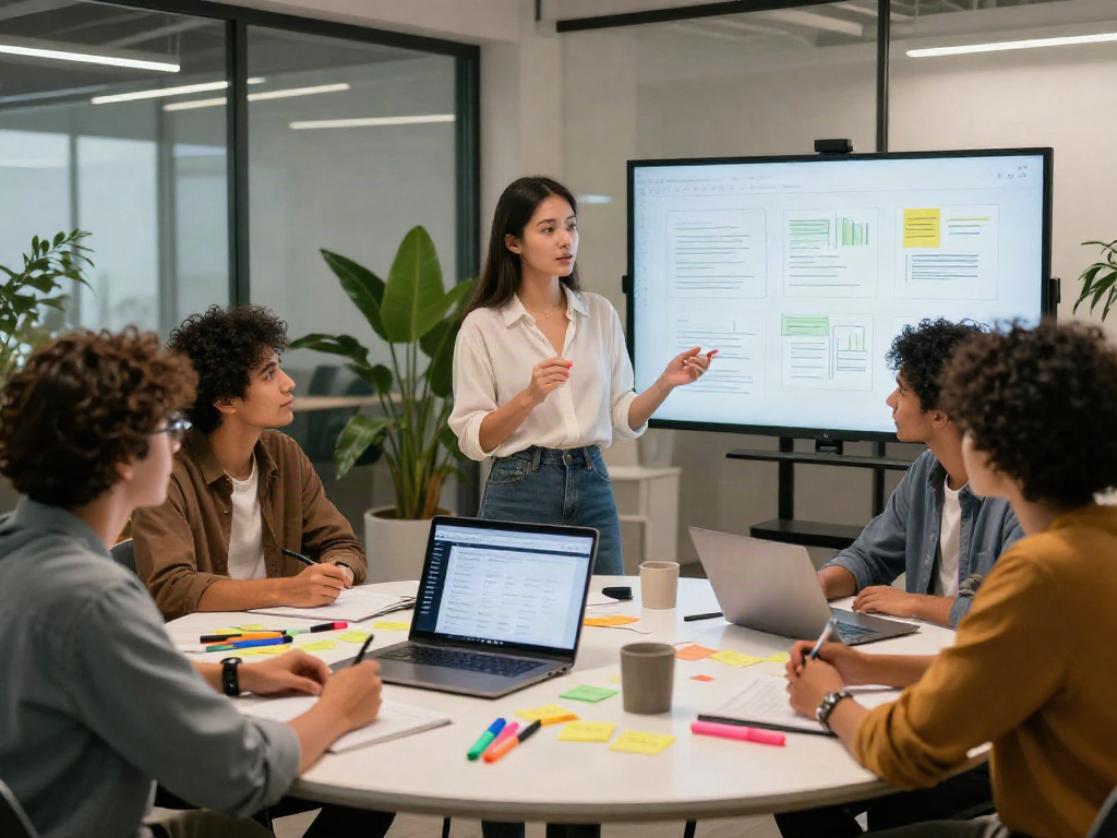 Team collaborating to crush on innovative digital marketing strategies in a modern workspace