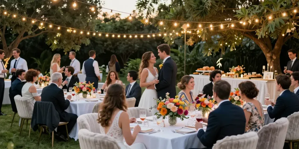 Event furniture rental for a beautiful outdoor wedding reception setup with elegant tables and chairs.