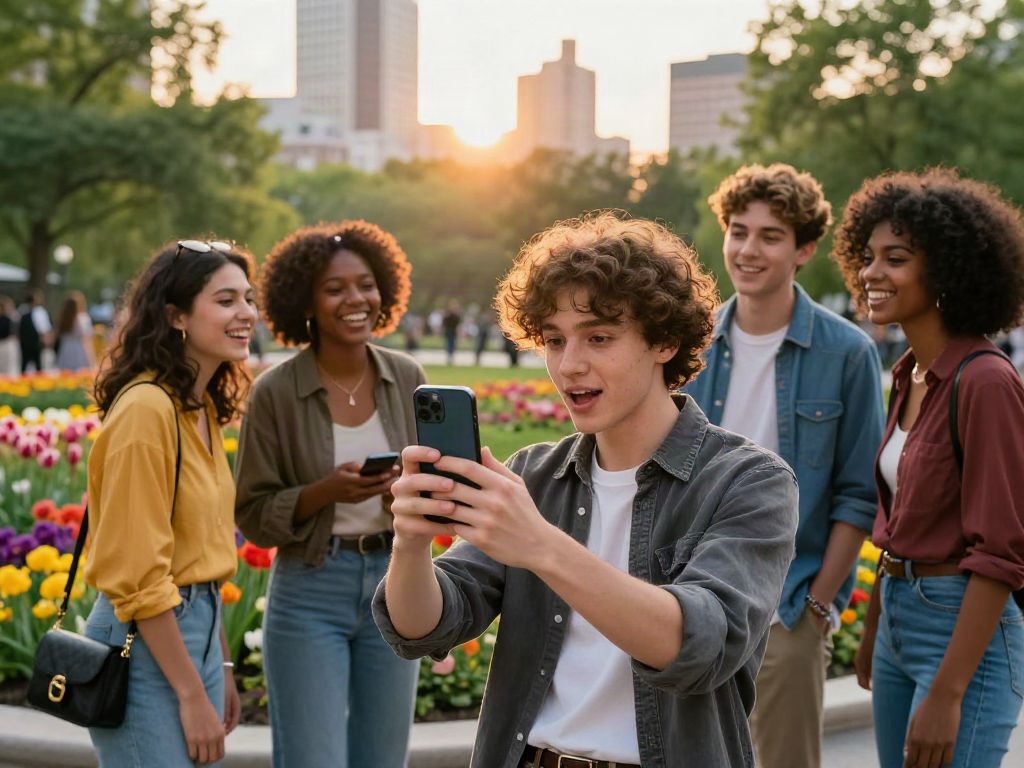 Test attractiveness using a smartphone app in a vibrant park setting with friends nearby.