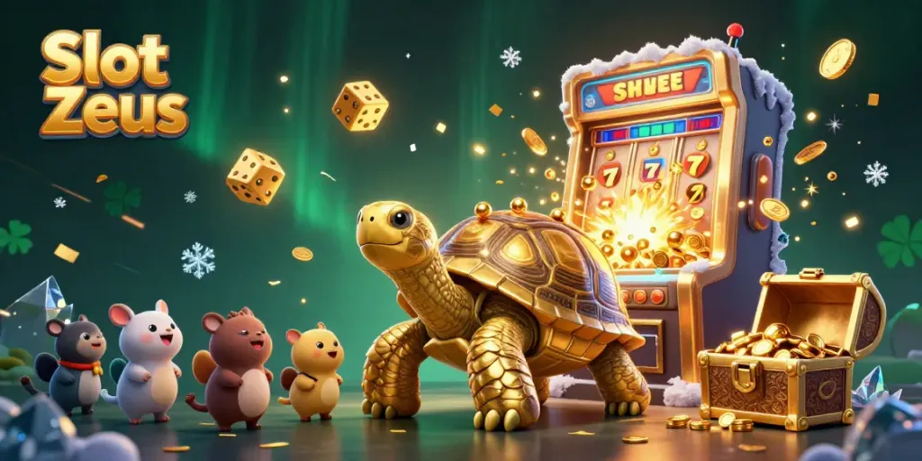 Slot Zeus menawarkan pengalaman slot yang seru dengan dekorasi ceria, mesin slot, dan karakter menarik.