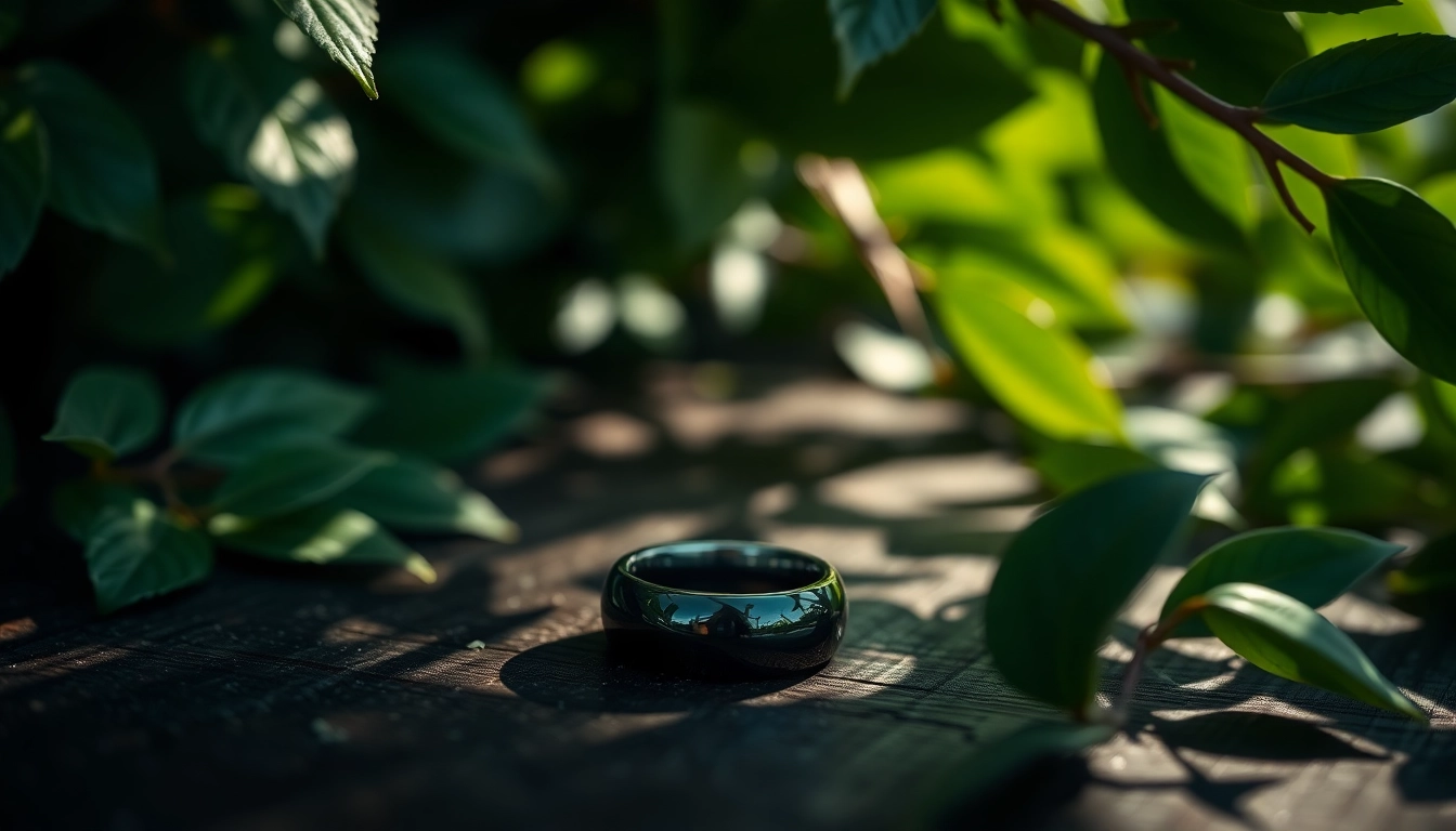 Showcase of exquisite Black Zirconium Rings resting on dark wood, highlighted by nature's greenery.