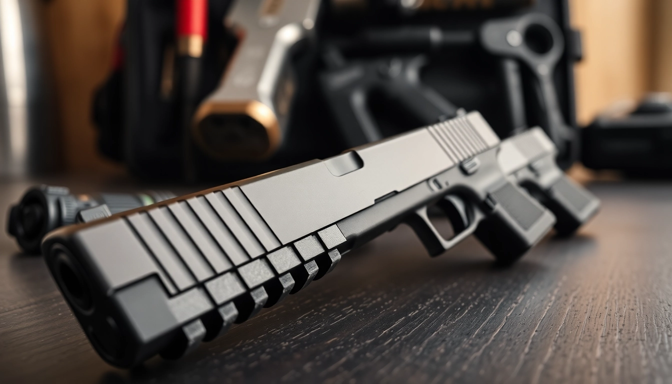 Explore glock 17 slides featuring a metallic finish and detailed design on a dark wooden surface.