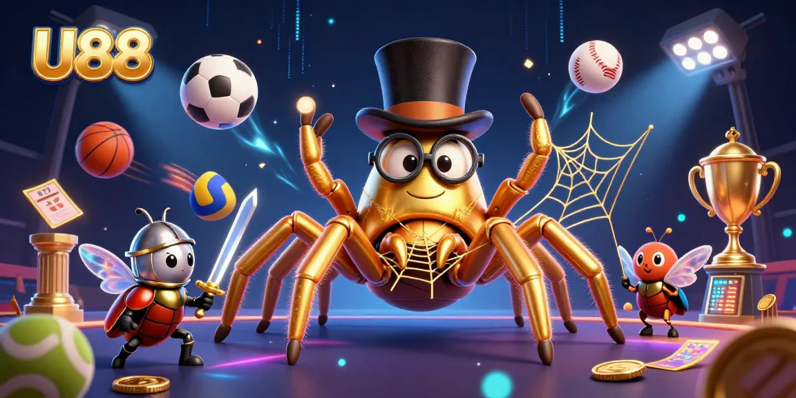 Engage with U88 at a vibrant casino scene featuring a golden tarantula, beetle knight, and dynamic sports elements.
