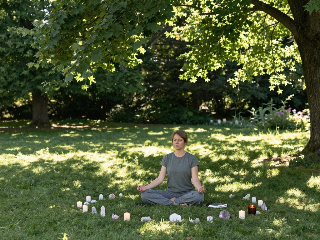 Practitioner using mantra 88 in a serene outdoor meditation setting.