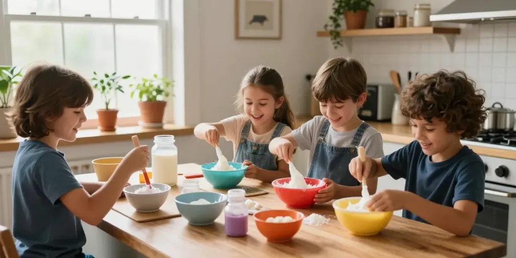 پودر بوراکس در آشپزخانه‌ای شاداب برای ساخت اسلایم با خانواده