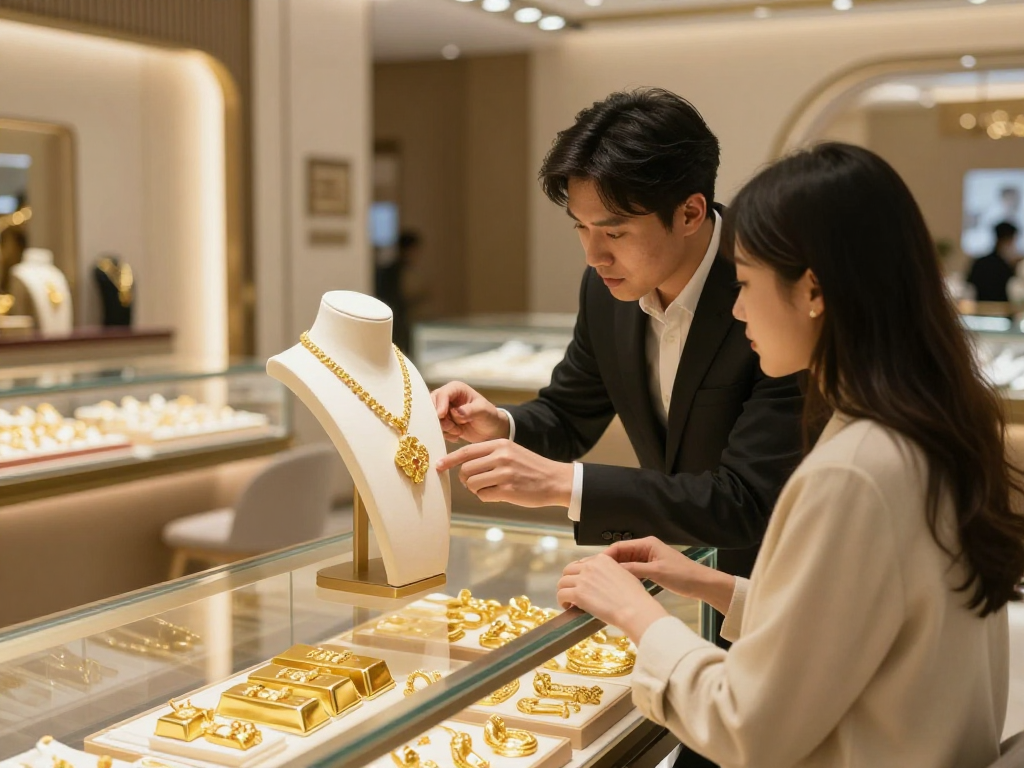 mantra 88 gold jewelry shopping experience in a luxurious store.