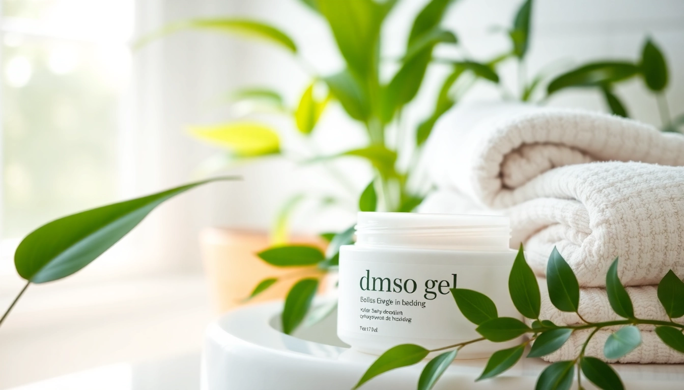 Showcase dmso gel with a relaxing bathroom setup, emphasizing wellness and tranquility.