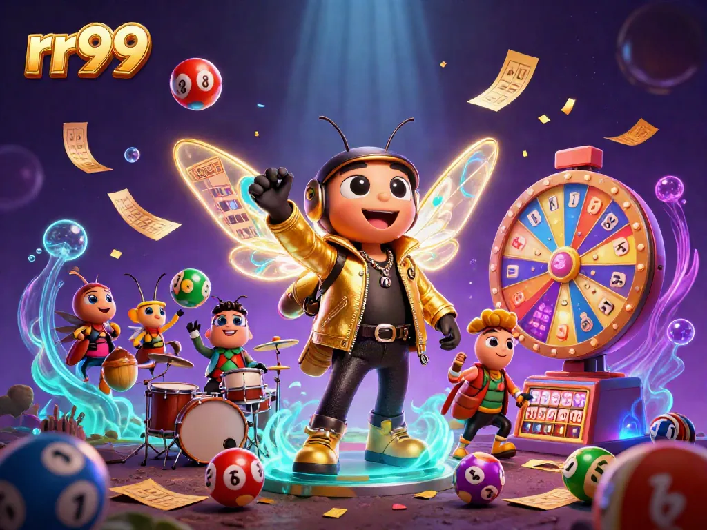 Experience the excitement at rr99 with vibrant lottery elements and animated characters in a lively casino scene.