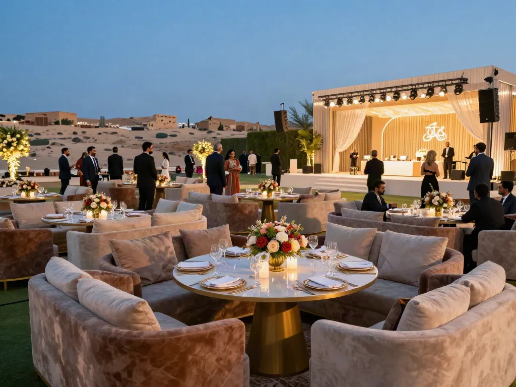 Stylish event furniture rental showcased at a luxurious venue, enhancing gatherings in Saudi Arabia.