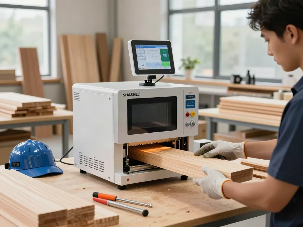 SHASHEL® technician safely operating microwave wood treatment device in modern workshop, highlighting innovative technology in pest elimination.