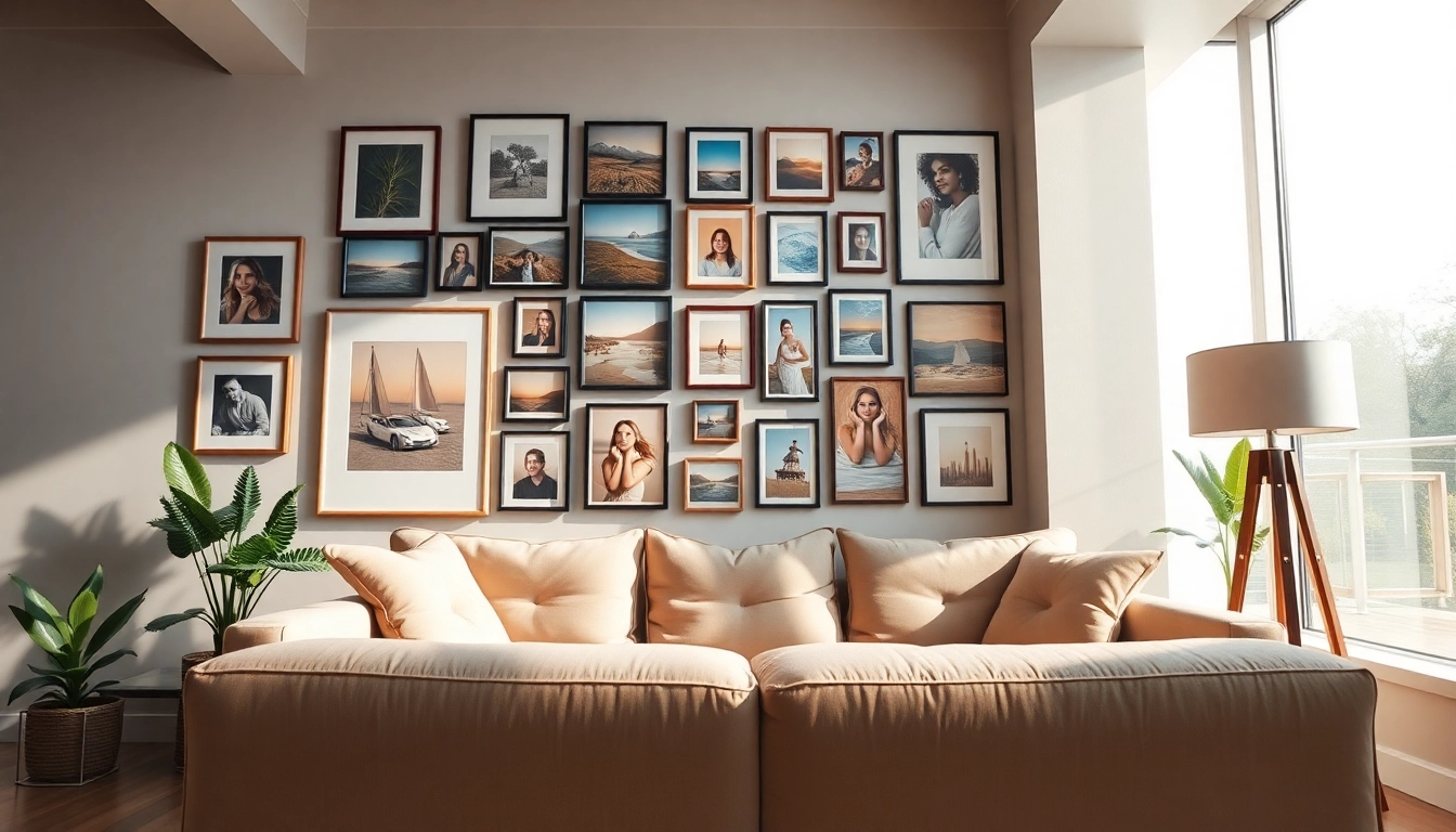 Showcasing a creative photo wall in a stylish living room with bright lighting.