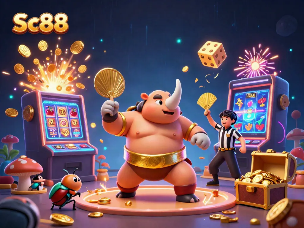 Experience the excitement of Sc88 as animated characters engage in a casino showdown filled with coins and jackpots.
