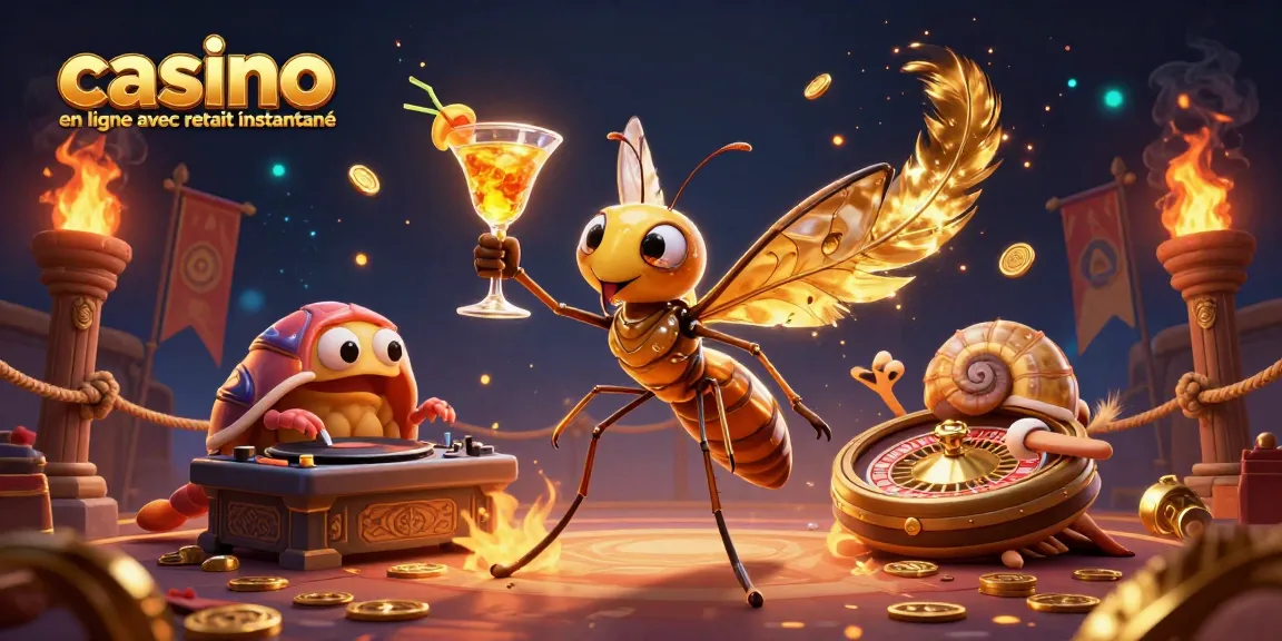 Illustration dynamique d'un casino en ligne avec retrait instantané, mettant en scène une mascotte et une roue de roulette dorée.