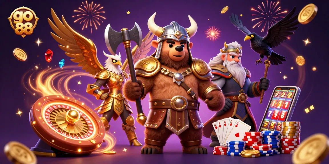 Experience the excitement of go 88 as a Viking bear and Valkyrie eagle embrace a world of vibrant casino gaming.