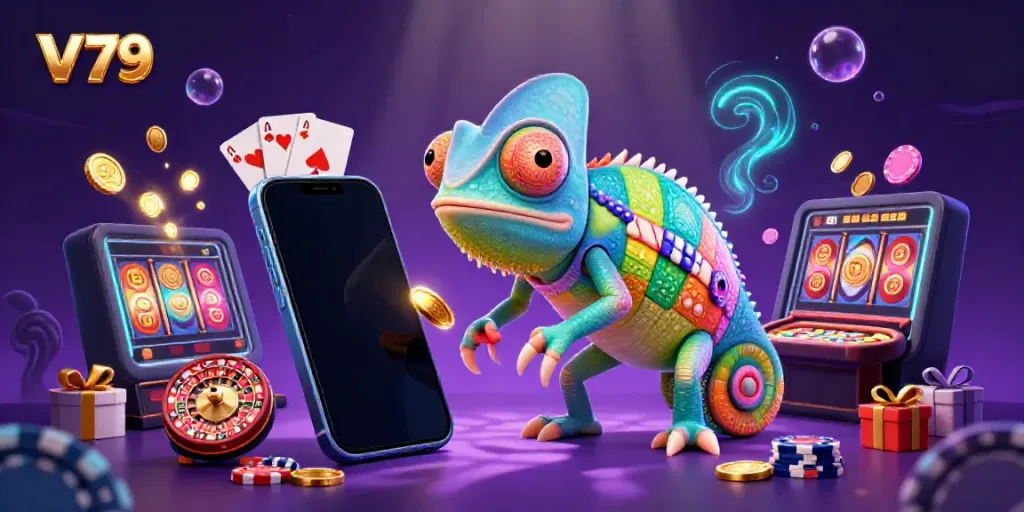 Experience the vibrant world of V 79 with a dynamic chameleon casino owner and energetic game elements.