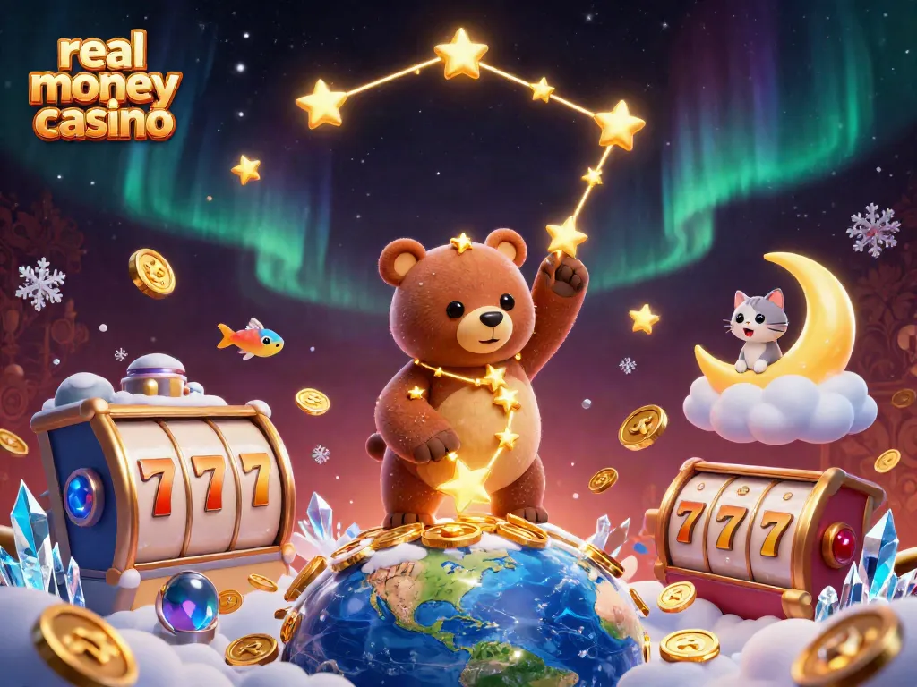 Experience adventures in a vibrant real money casino scene filled with gold coins and lucky symbols.