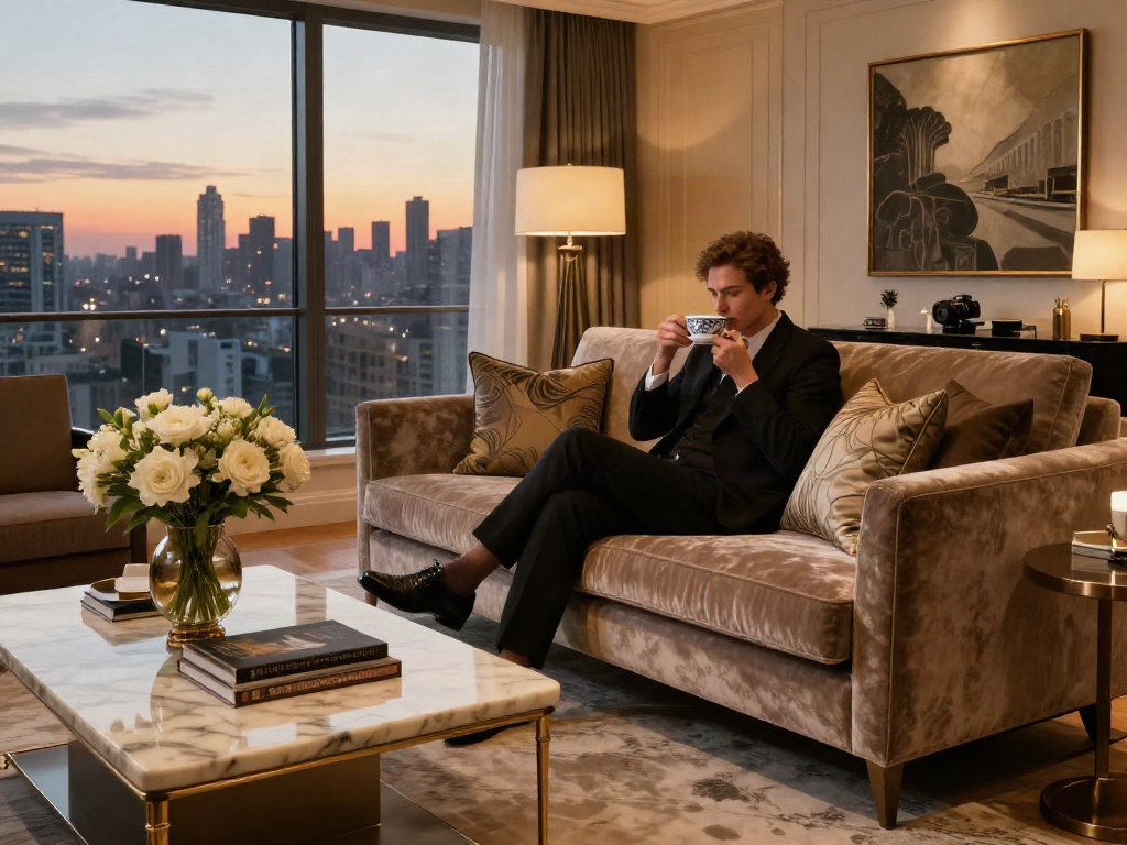 Interior ruang tamu mewah luxury111 dengan sofa velvet, dekorasi elegan, dan pencahayaan hangat.