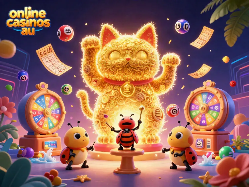 Experience vibrant online casinos AU with dynamic casino elements and a lucky cat illustration.