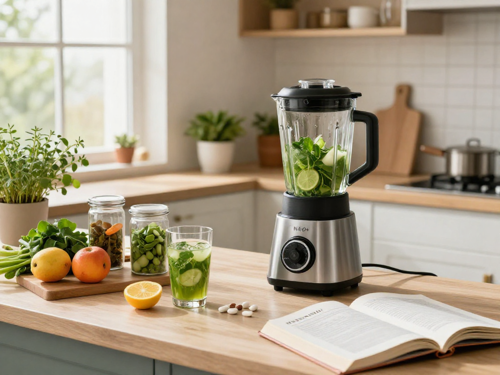 NAD+ benefits highlighted in a fresh beverage preparation scene with healthy ingredients and supplements.