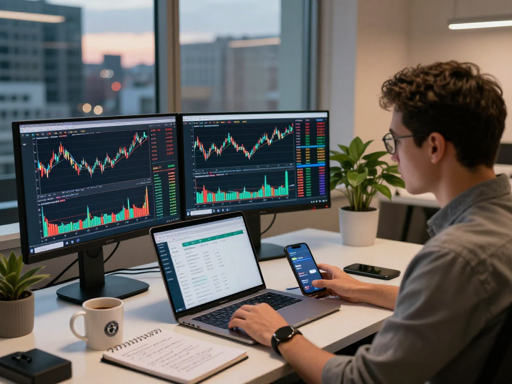 TradingView workspace with charts and market data in a modern office.