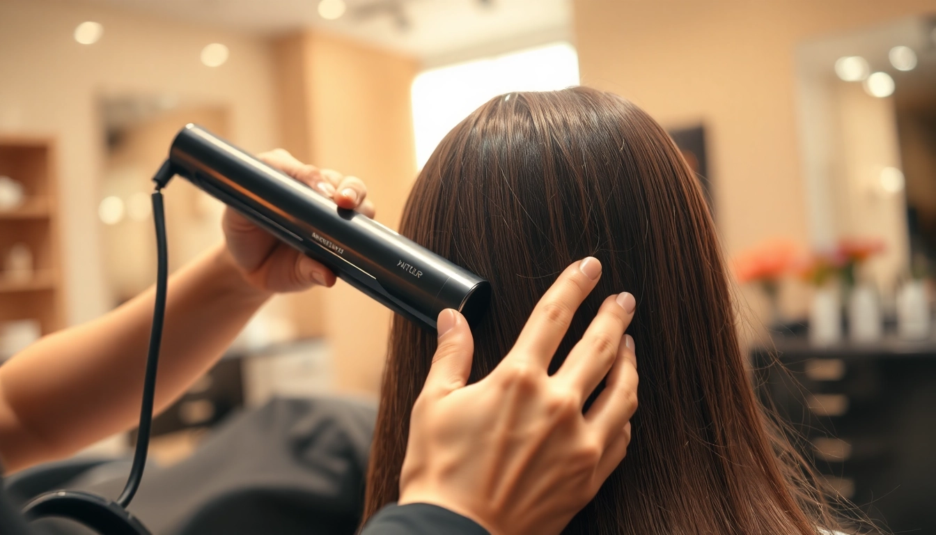 Achieving sleek hair straightening with a professional stylist at a salon.