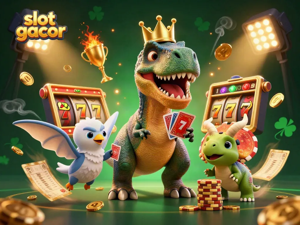 Experience slot gacor excitement with playful T-Rex, pterodactyl, and baby triceratops in a vibrant casino scene.