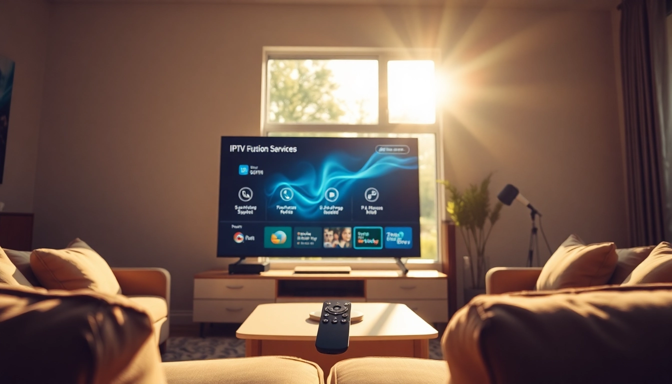 Showcase IPTV services in a cozy living room setting with sleek tech and a bright atmosphere.