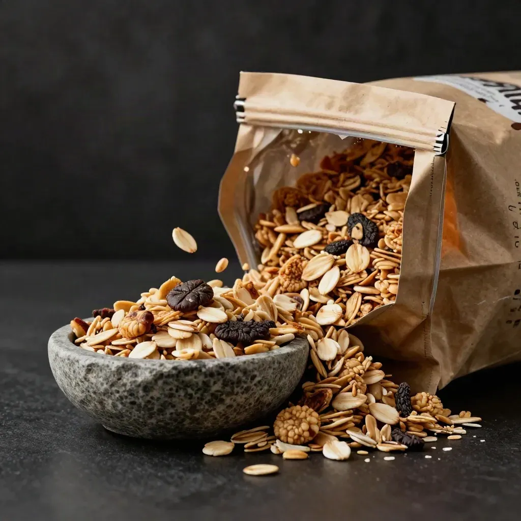 Open maple granola pouch spilling clusters into a stone bowl on a black studio surface.