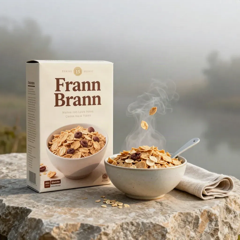 Bran cereal box with bowl, linen scoop, and oat shards on pale stone in soft creek fog.