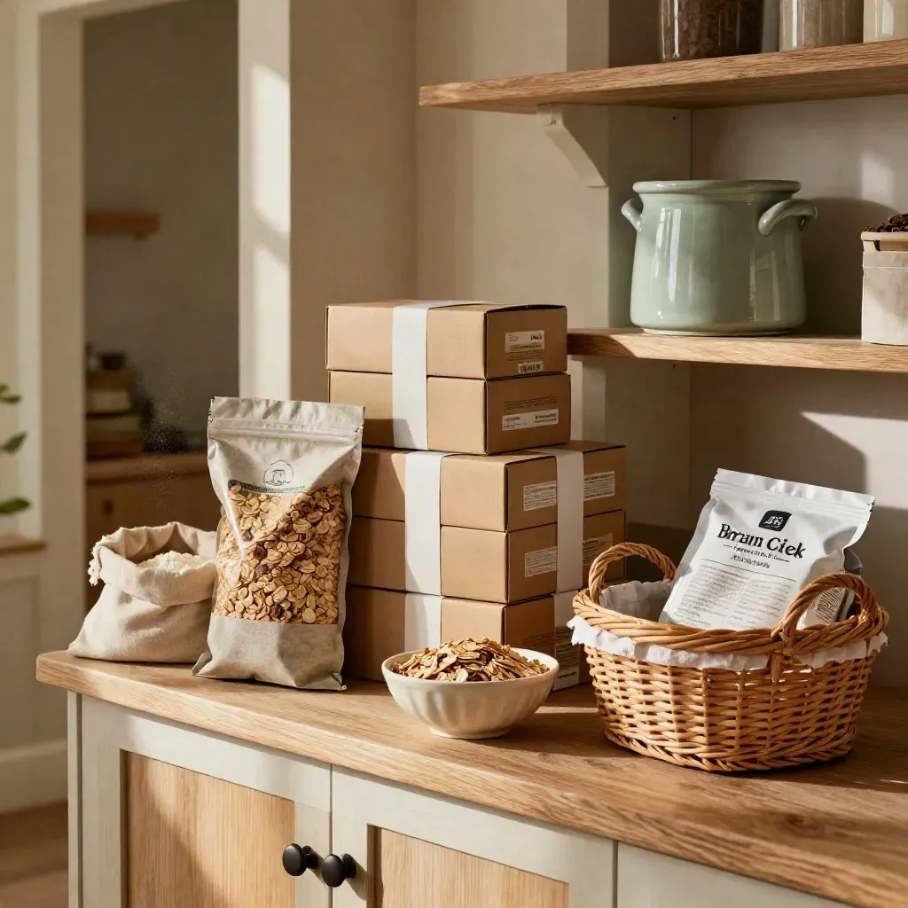 Pantry boxes, granola pouch, flour sack, bowl and basket in a sunlit mudroom pantry.