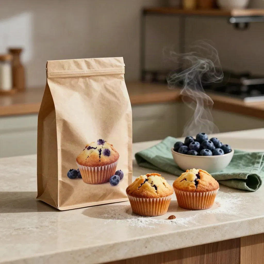 Blueberry muffin mix pouch beside rising muffins and blueberries on a warm kitchen counter.