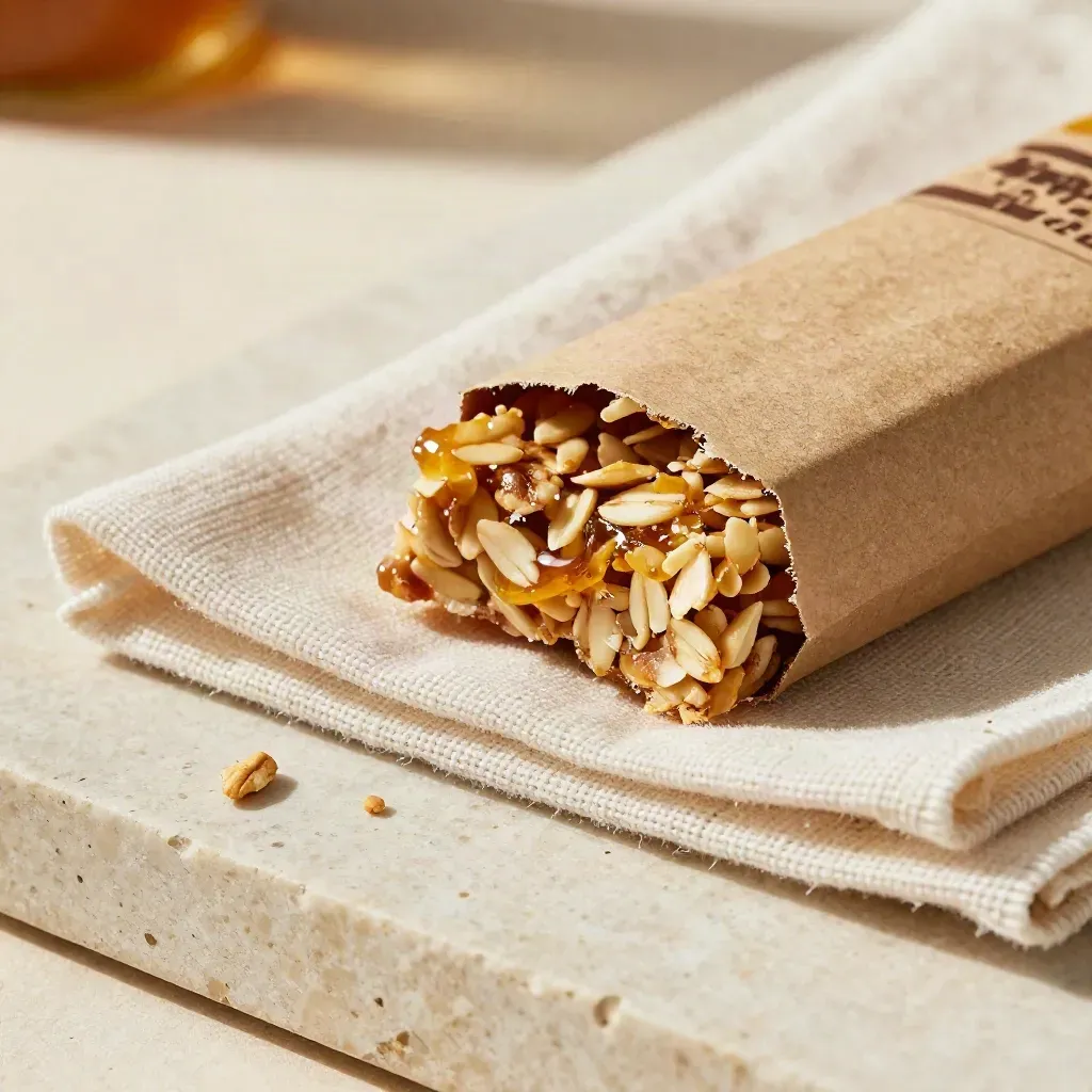 Macro honey oat bar sleeve with half-unwrapped bar, crumbs, and linen on travertine.