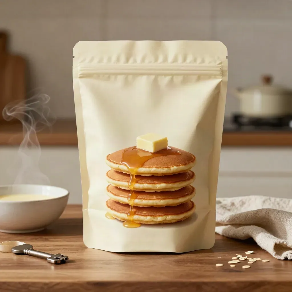 Pancake mix pouch with pancakes, butter pat and batter bowl on walnut counter.
