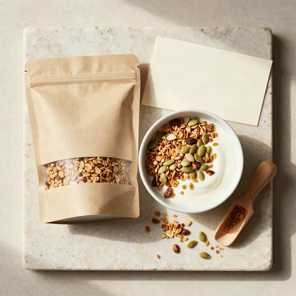 Overhead granola pouch, yogurt bowl, scoop, and scattered pumpkin seeds on travertine.