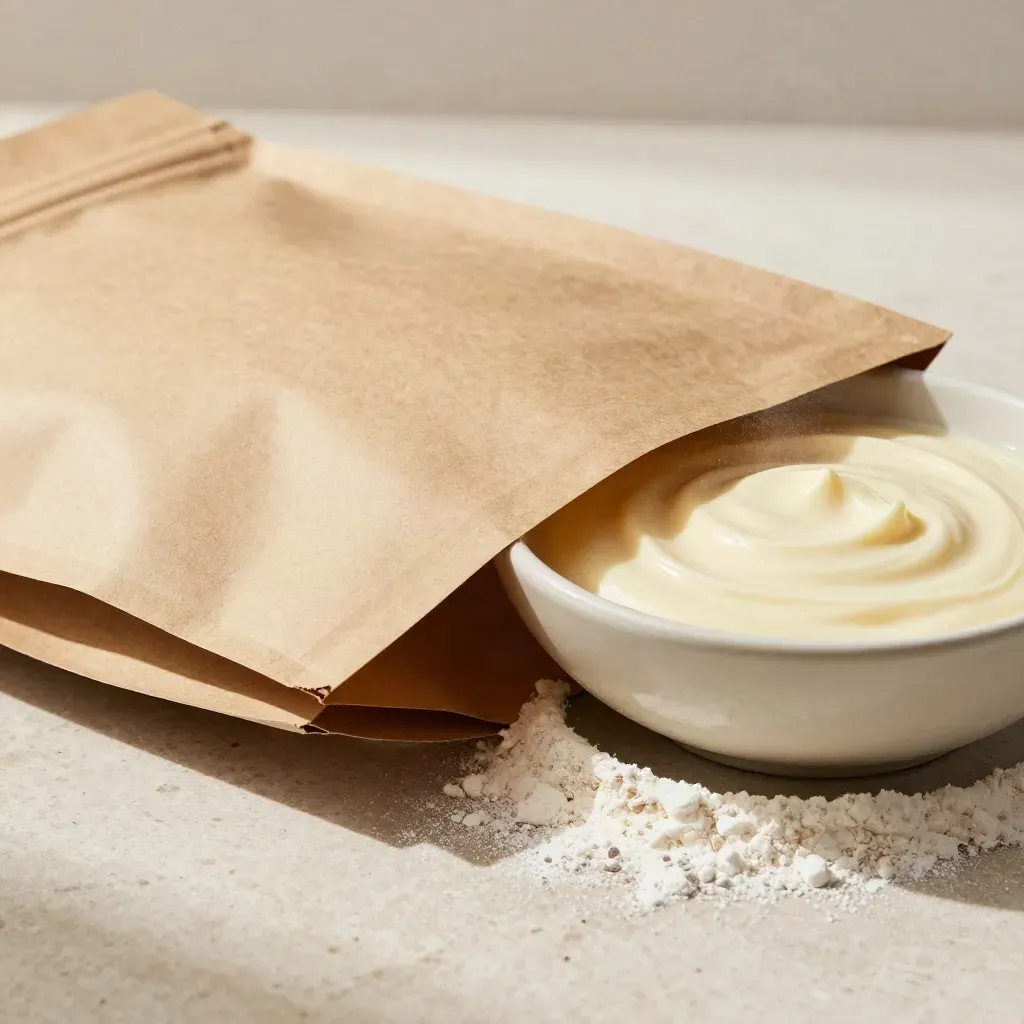 Top-down macro of a kraft pancake mix pouch beside batter bowl and flour on travertine.