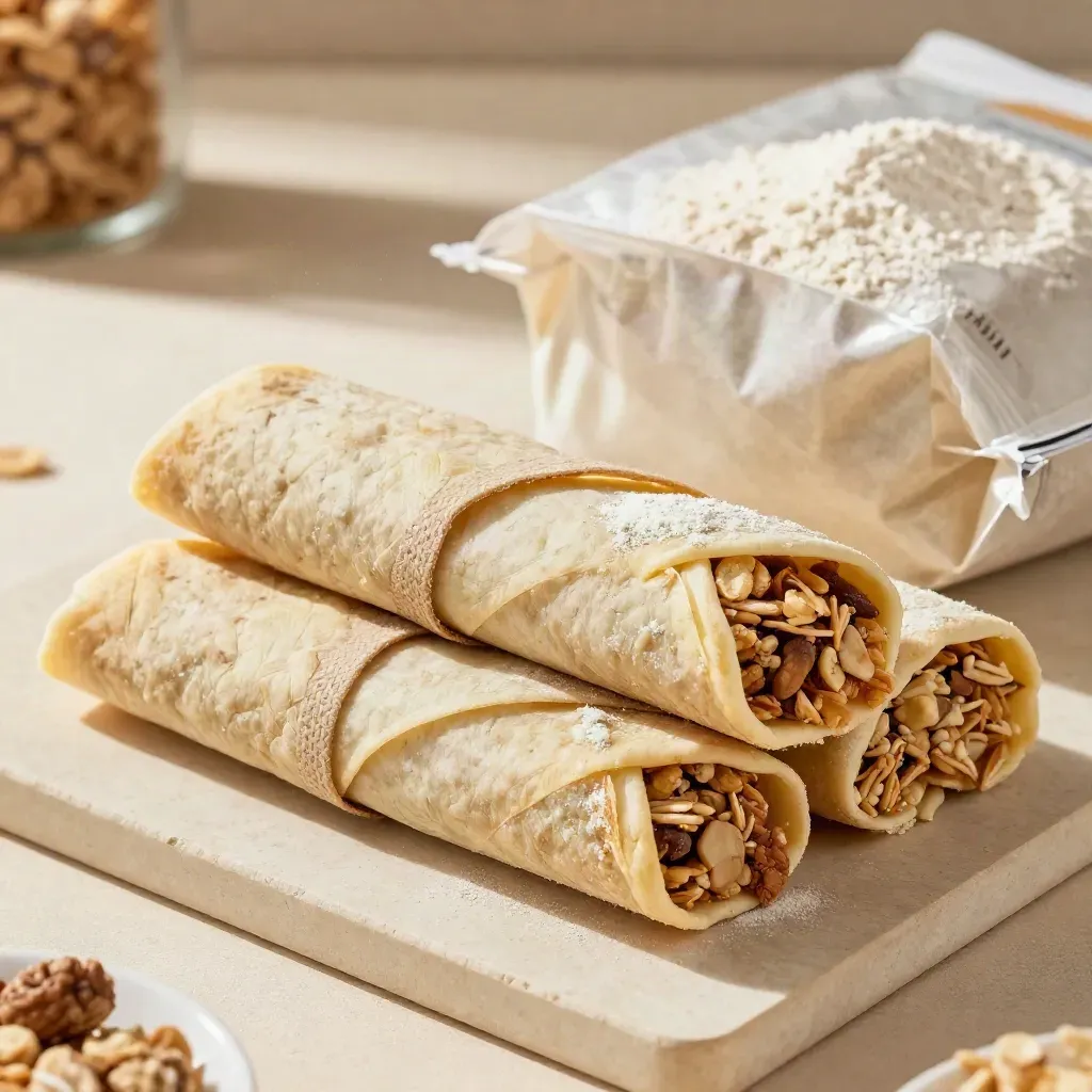 Pantry pack cluster with flour, cereal, granola and bars on a pale board, close-up and tactile.