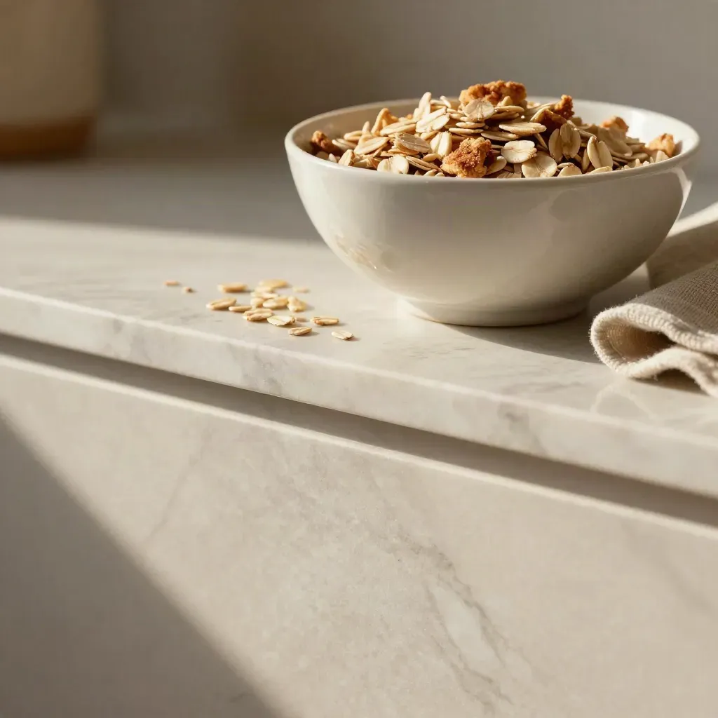 Marble counter with cereal bowl, linen napkin, and oats under soft morning light.