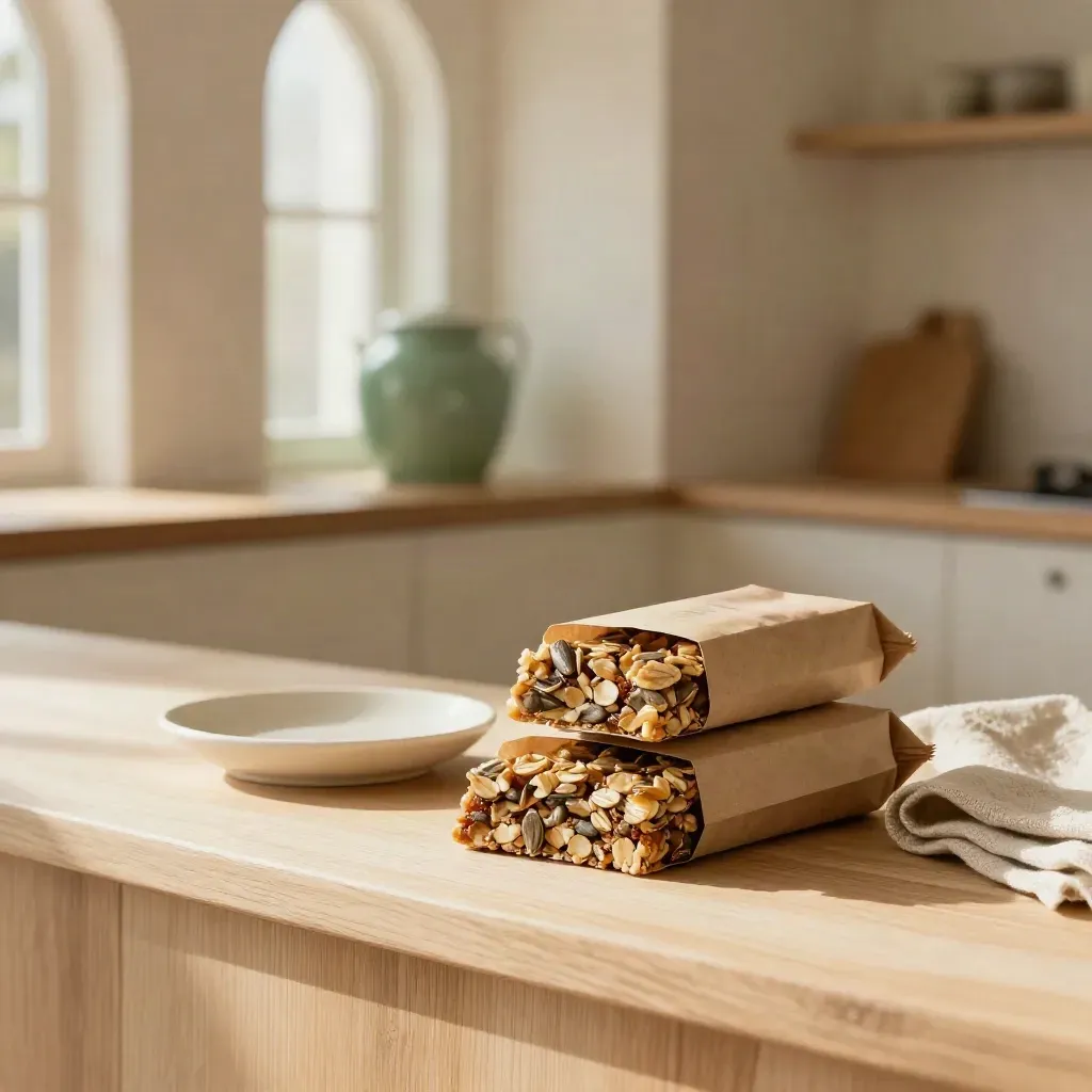 Sunlit bakery interior with oat-and-seed snack bars on a pale timber counter and calm copy space.