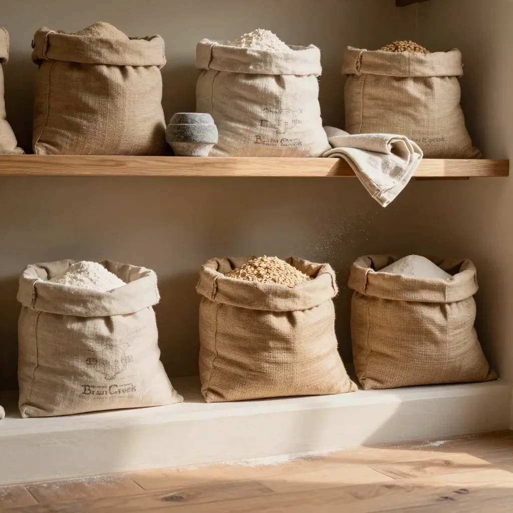 Warm pantry nook with flour sacks, baskets, shelf, and calm copy space