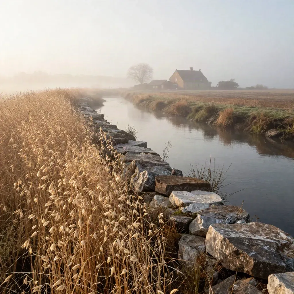 Misty creekbank with grain heads, stone edge, and a farmhouse fading in fog.