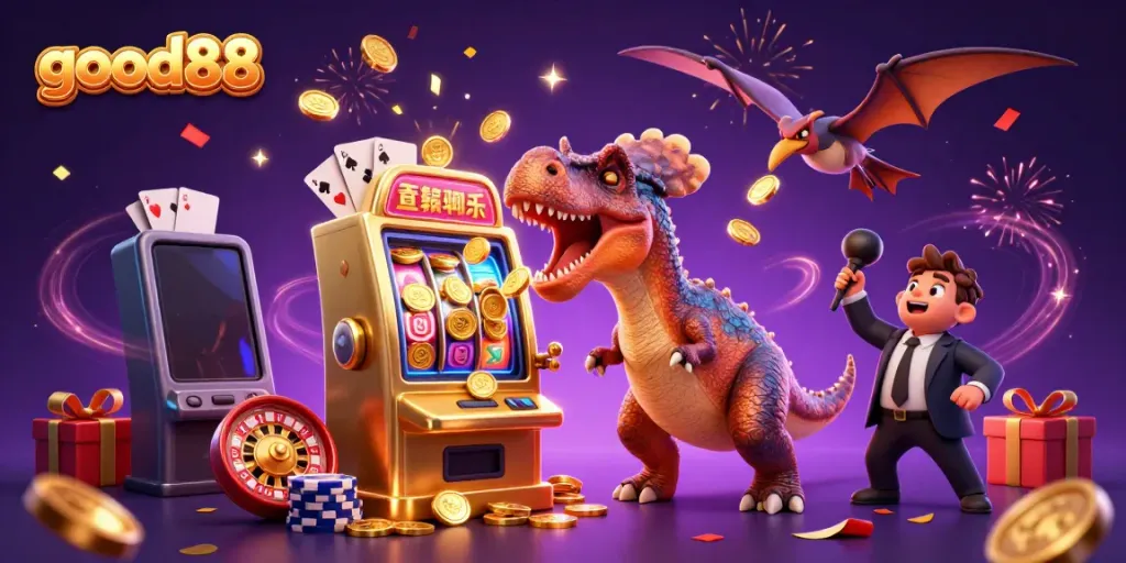 Experience the excitement of good88 with a cartoon pachycephalosaurus hitting a slot machine for a jackpot.