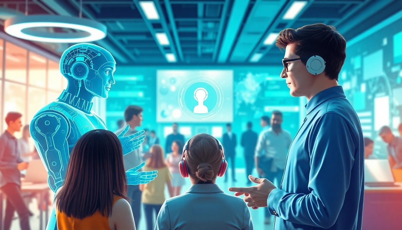 AI agents interact with users in a modern office, showcasing diverse technology and engagement.