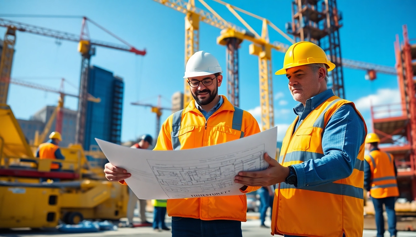 New York Construction Manager assessing blueprints amid a busy construction site, showcasing leadership in action.