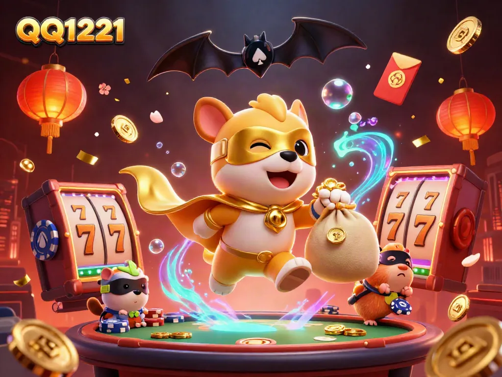 Experience thrilling gameplay with QQ1221 featuring a cartoon superhero dog amidst casino excitement.