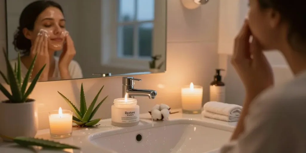 Restore cream applied in a relaxed nighttime skincare setting with soothing ambiance.
