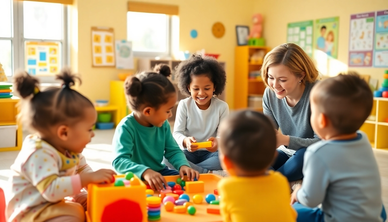 Children engaging in early intervention ABA therapy with a supportive therapist in a colorful playroom.