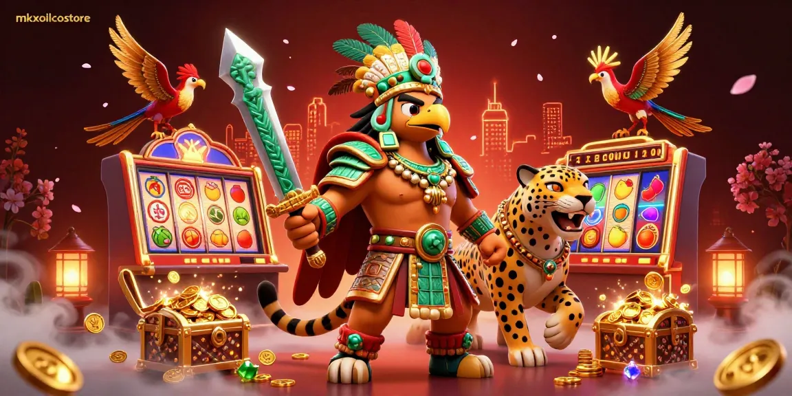 Experience big wins with mkxoilcostore through vibrant casino action, featuring Aztec warriors and dynamic slot game elements.